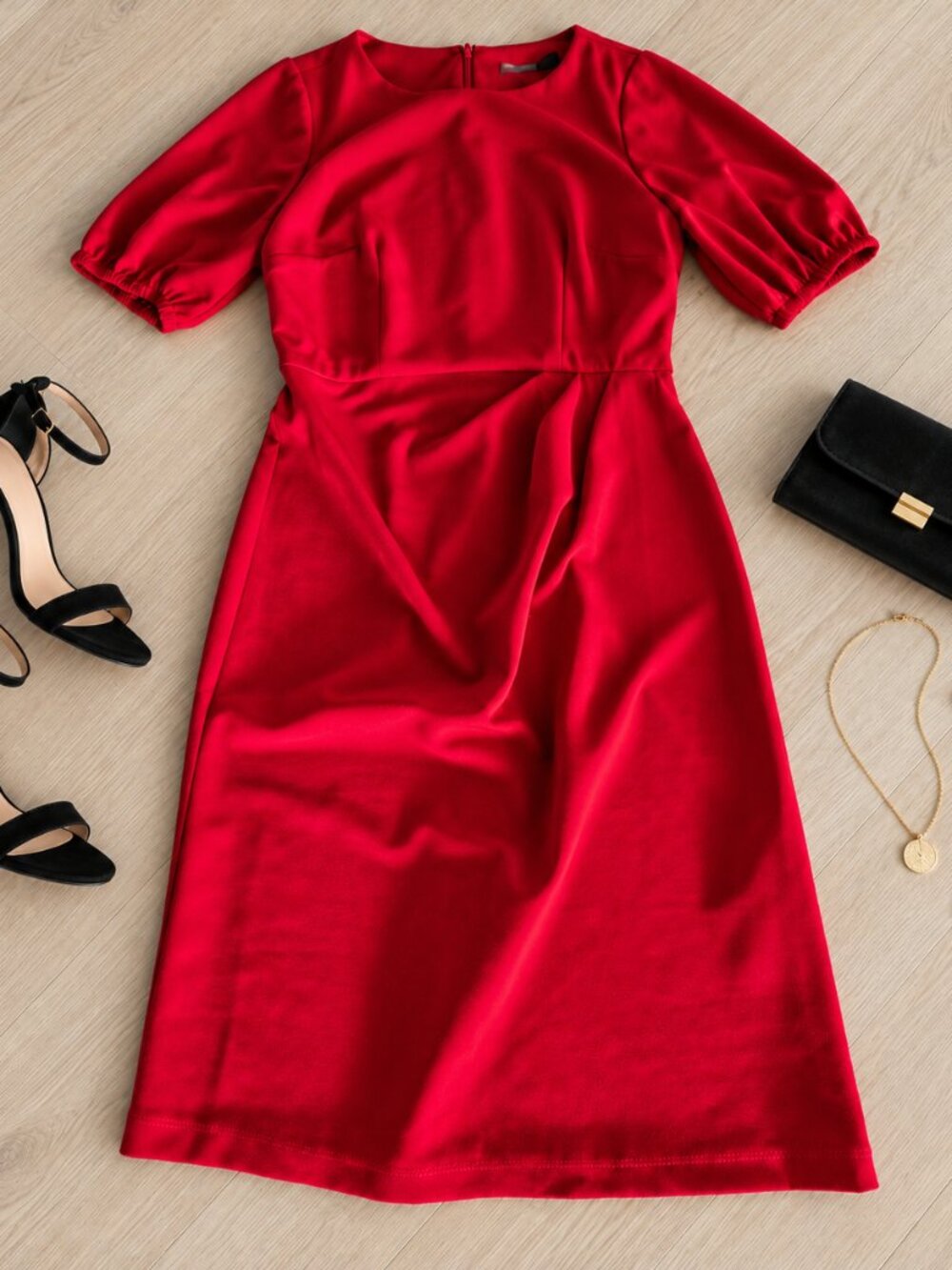 ✨Maggy London Red Puff Sleeve Crepe Stretch Sheath Midi Dress 6✨